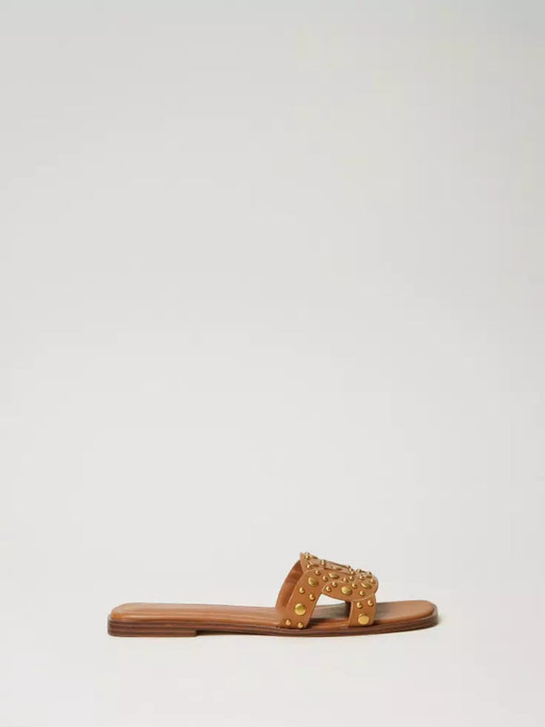 Twinset Sandali slide in pelle con borchie Cuoio