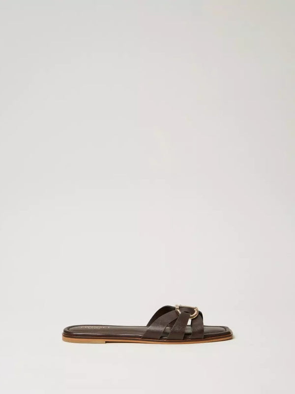 Twinset Sandali slide in pelle con Oval T Chocolate Lab