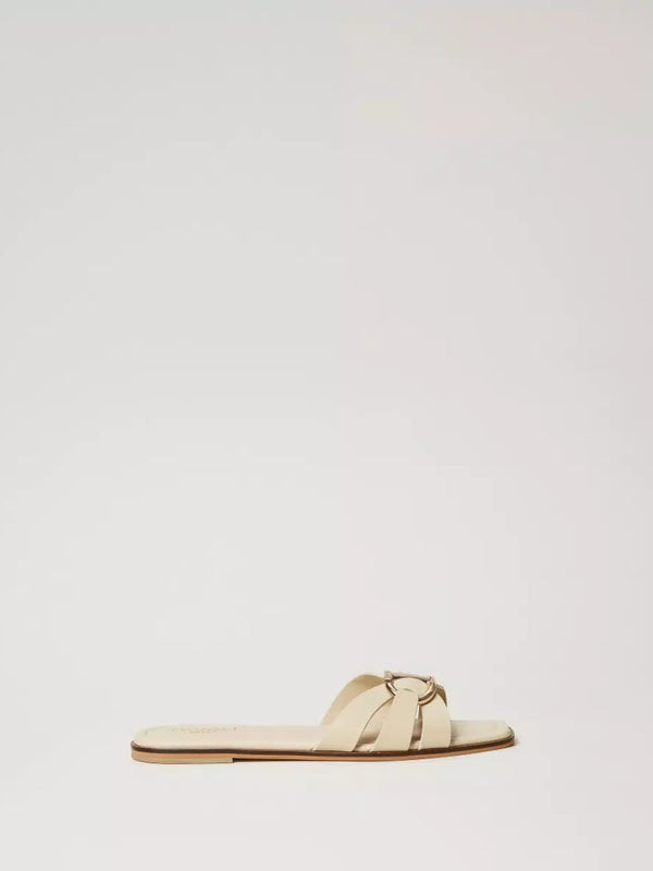 Twinset Sandali slide in pelle con Oval T Beige Chiaro