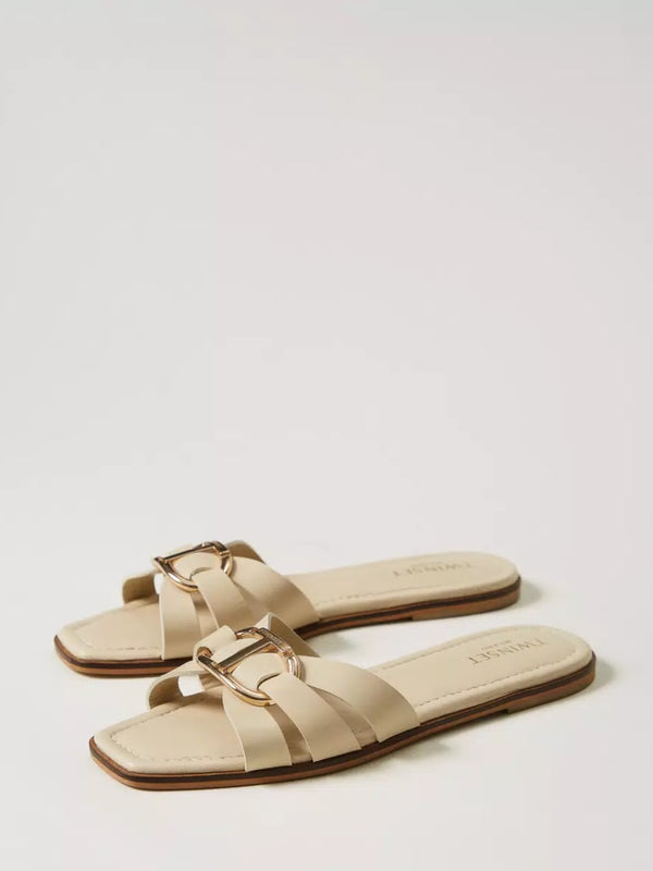 Twinset Sandali slide in pelle con Oval T Beige Chiaro
