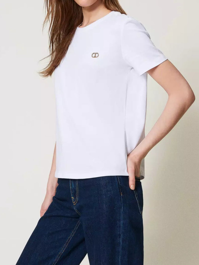Twinset T-shirt con placchetta Oval T strass Bianco