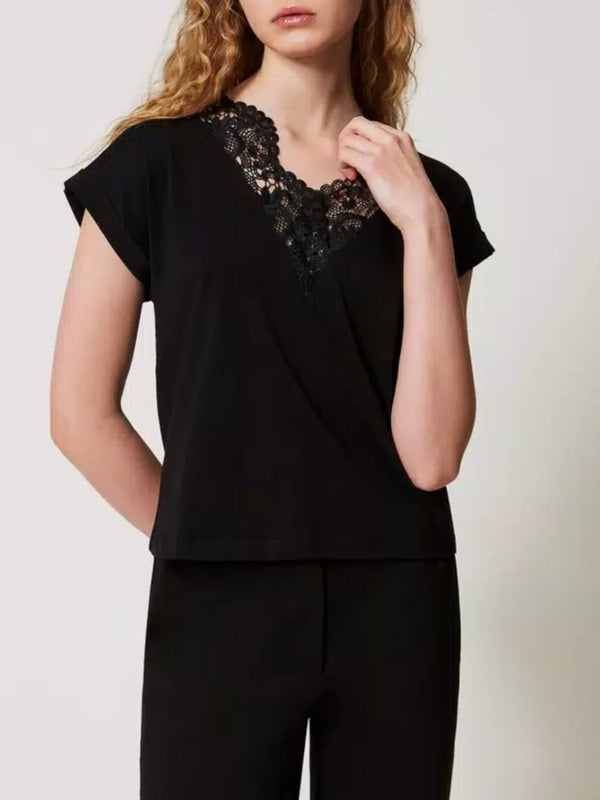 Twinset T-shirt a kimono con pizzo Nero