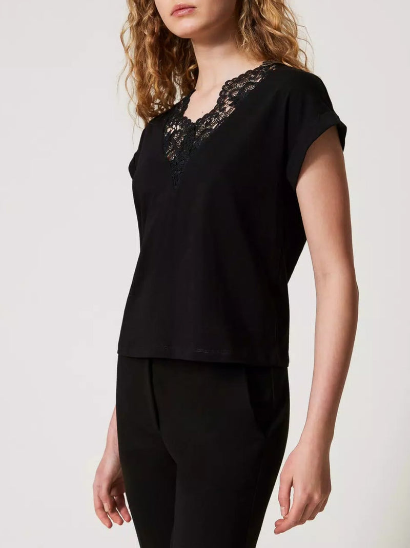 Twinset T-shirt a kimono con pizzo Nero