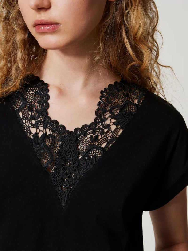 Twinset T-shirt a kimono con pizzo Nero