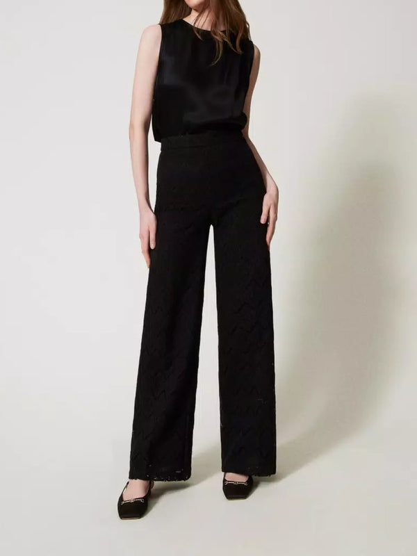 Twinset Pantaloni wide leg in pizzo macramè Nero