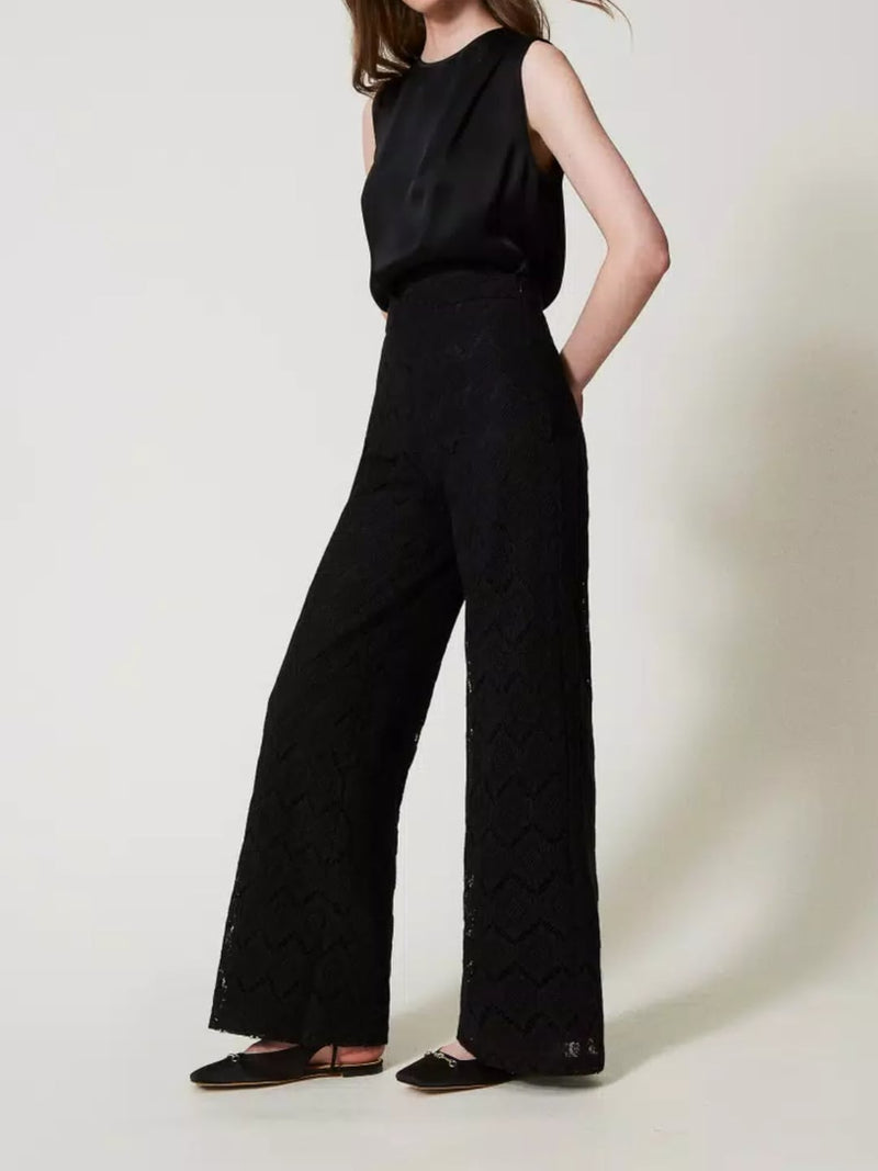 Twinset Pantaloni wide leg in pizzo macramè Nero