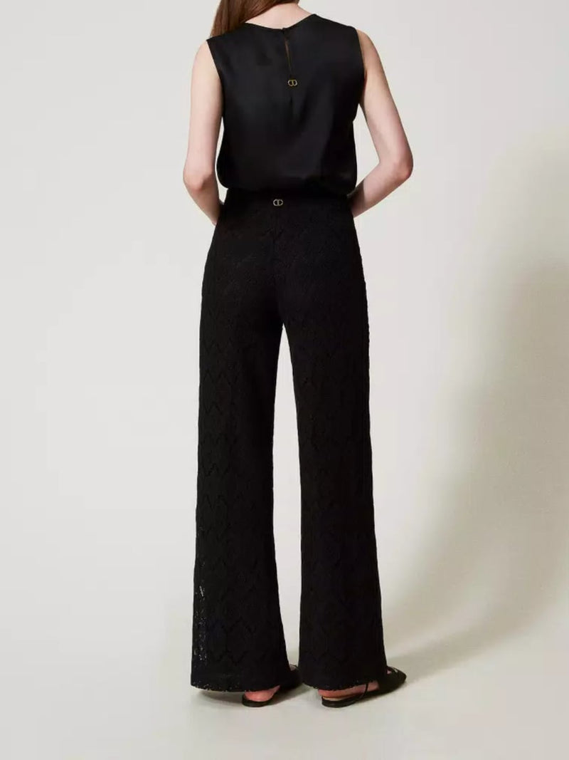 Twinset Pantaloni wide leg in pizzo macramè Nero