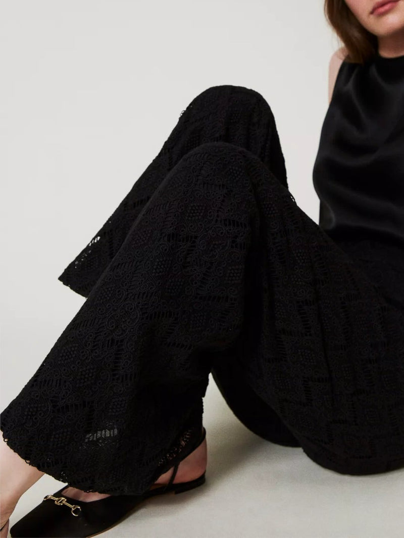 Twinset Pantaloni wide leg in pizzo macramè Nero