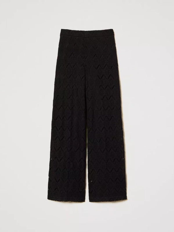 Twinset Pantaloni wide leg in pizzo macramè Nero