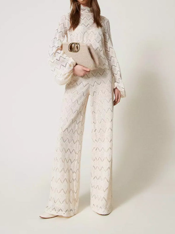 Twinset Pantaloni wide leg in pizzo macramè Delicate Beige