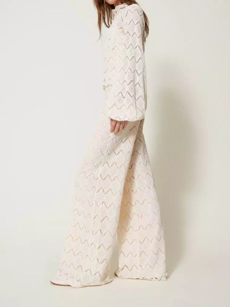 Twinset Pantaloni wide leg in pizzo macramè Delicate Beige