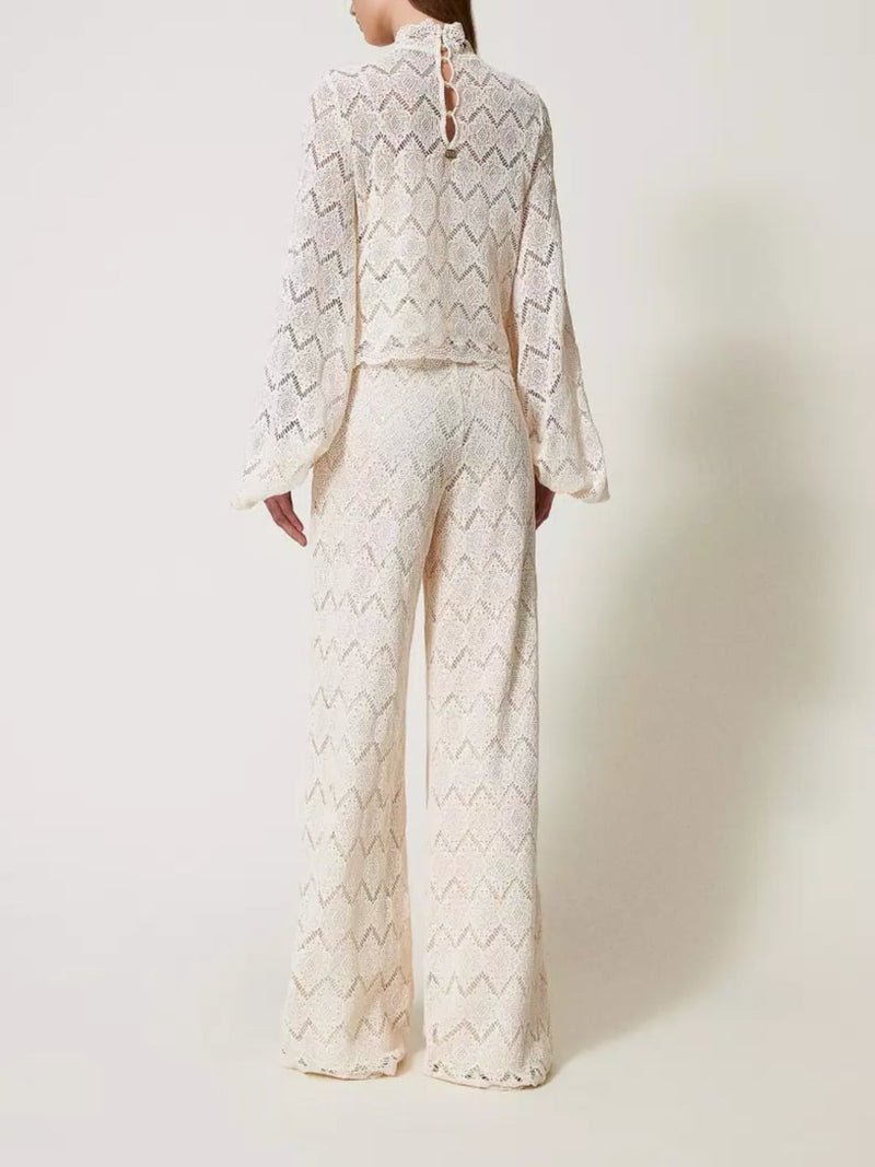 Twinset Pantaloni wide leg in pizzo macramè Delicate Beige