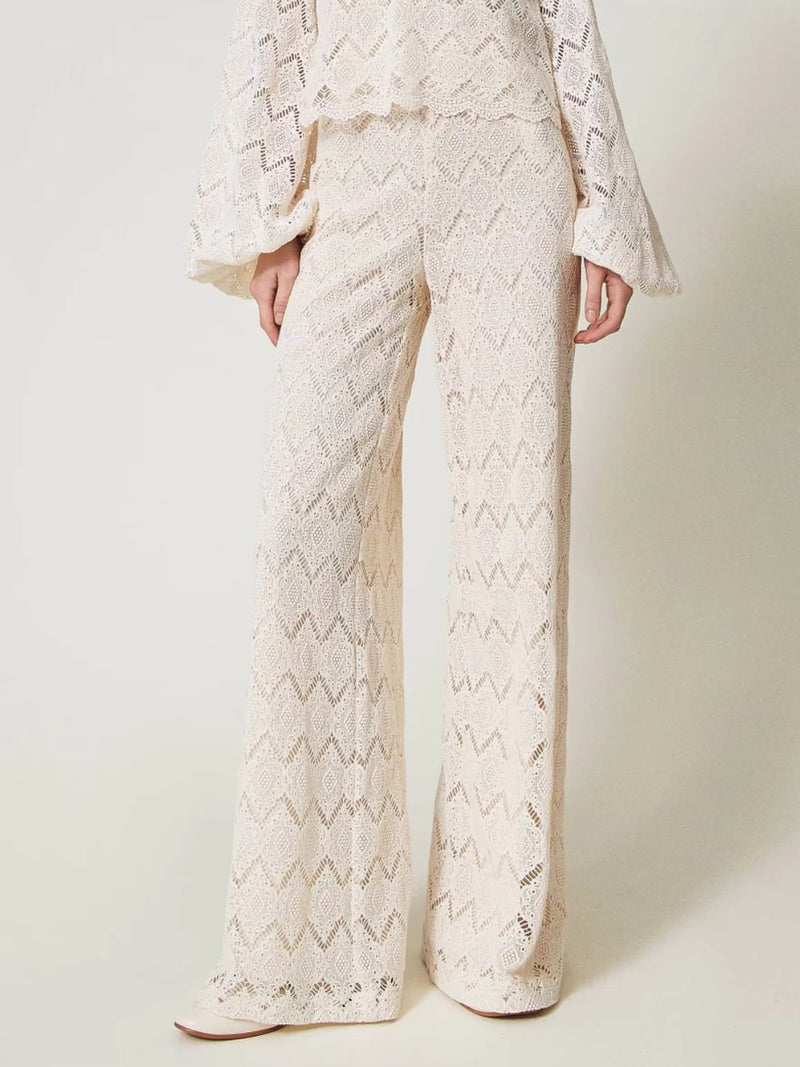 Twinset Pantaloni wide leg in pizzo macramè Delicate Beige
