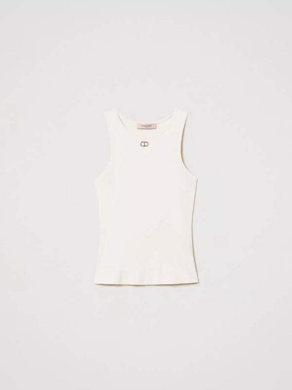 Twinset Top fitted a costine con Oval T Vanilla