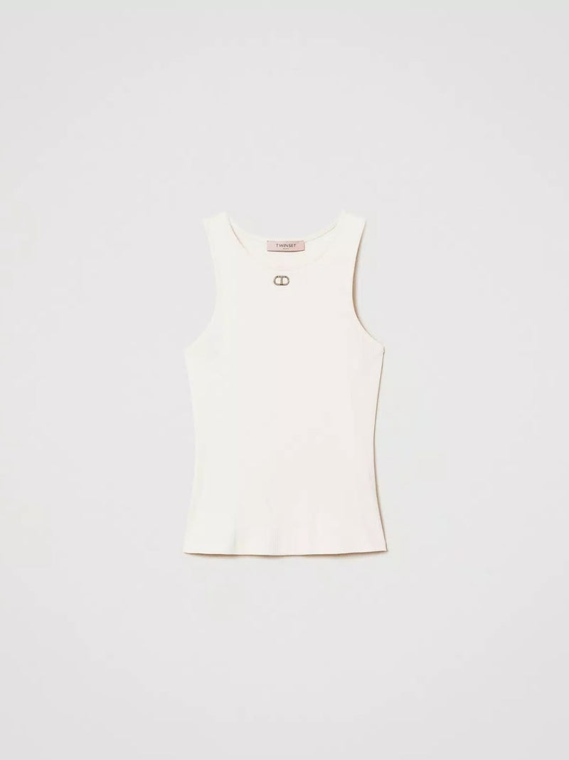 Twinset Top fitted a costine con Oval T Vanilla