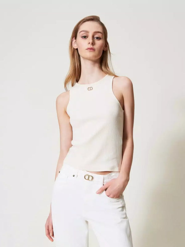 Twinset Top fitted a costine con Oval T Vanilla