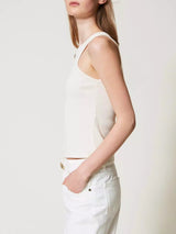 Twinset Top fitted a costine con Oval T Vanilla