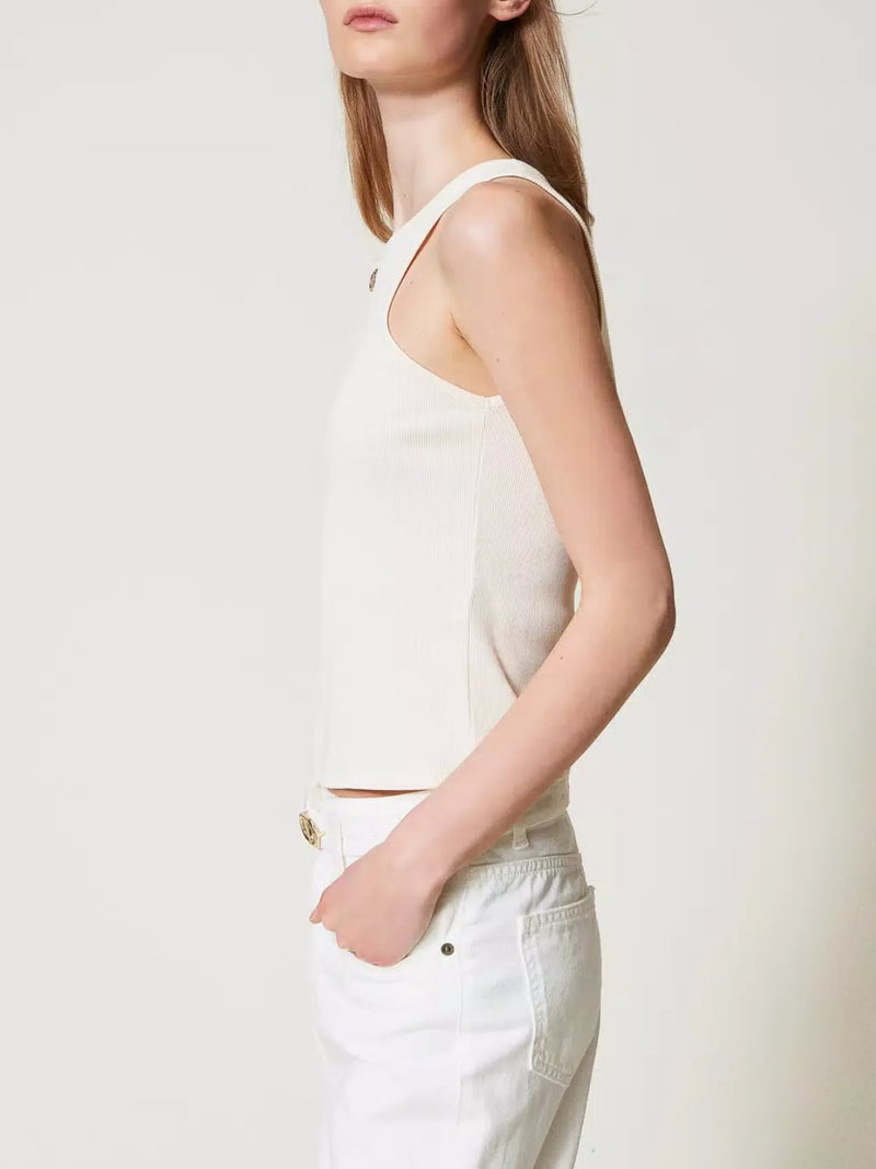 Twinset Top fitted a costine con Oval T Vanilla