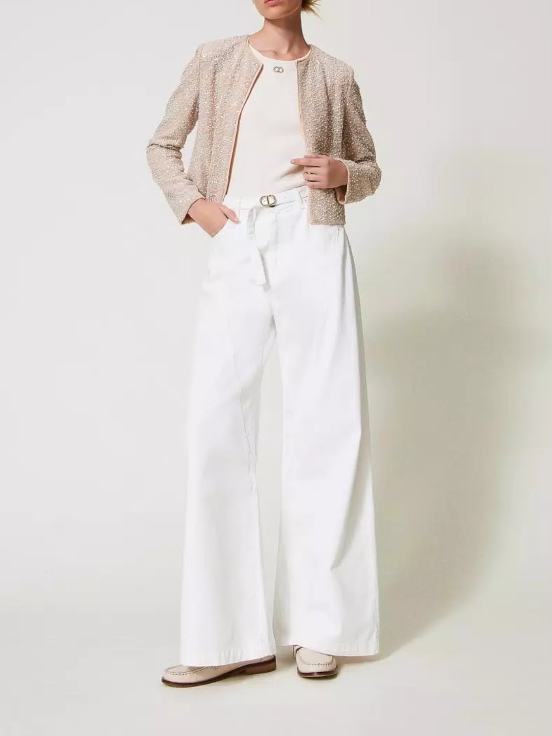 Twinset Pantaloni wide leg in white bull Bianco Neve