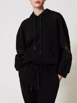 Twinset Felpa con cappuccio e macramè Nero