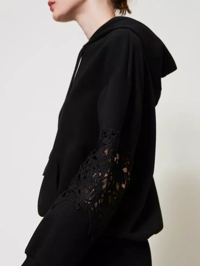 Twinset Felpa con cappuccio e macramè Nero