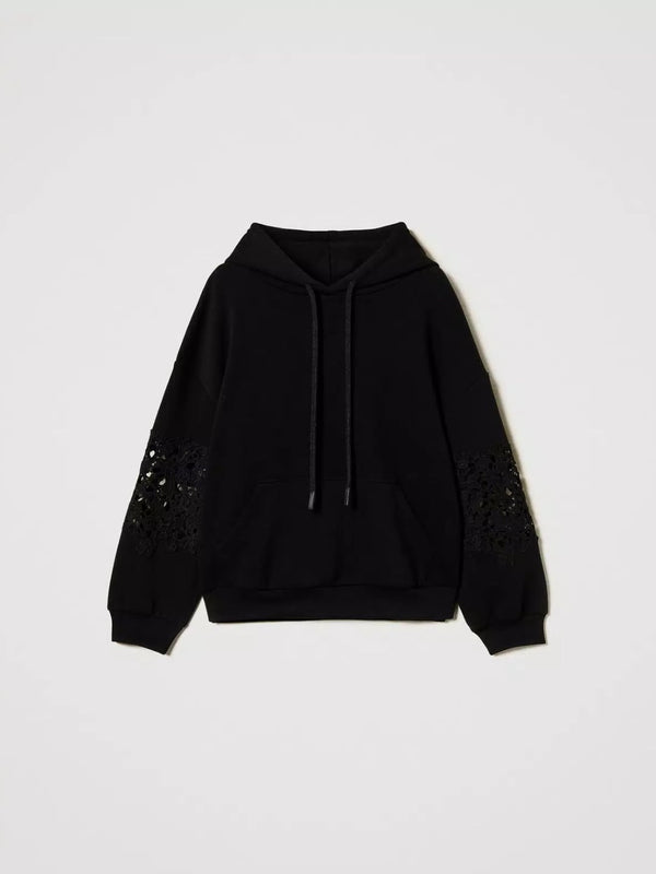 Twinset Felpa con cappuccio e macramè Nero