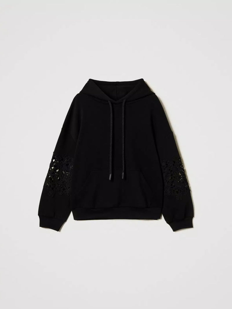 Twinset Felpa con cappuccio e macramè Nero
