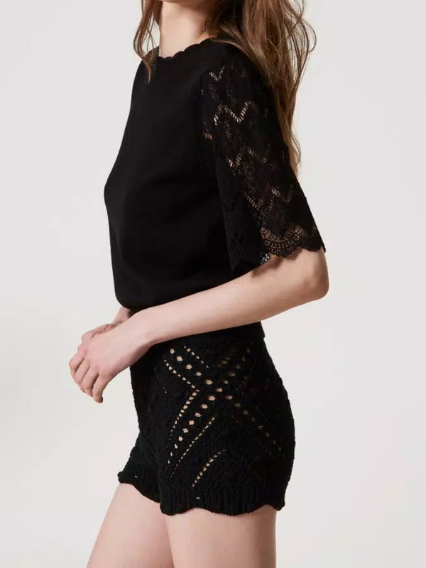 Twinset Maglia in misto lino con maniche jacquard Nero