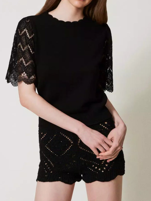 Twinset Maglia in misto lino con maniche jacquard Nero