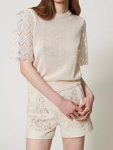 Twinset Maglia in misto lino con maniche jacquard Delicate Beige