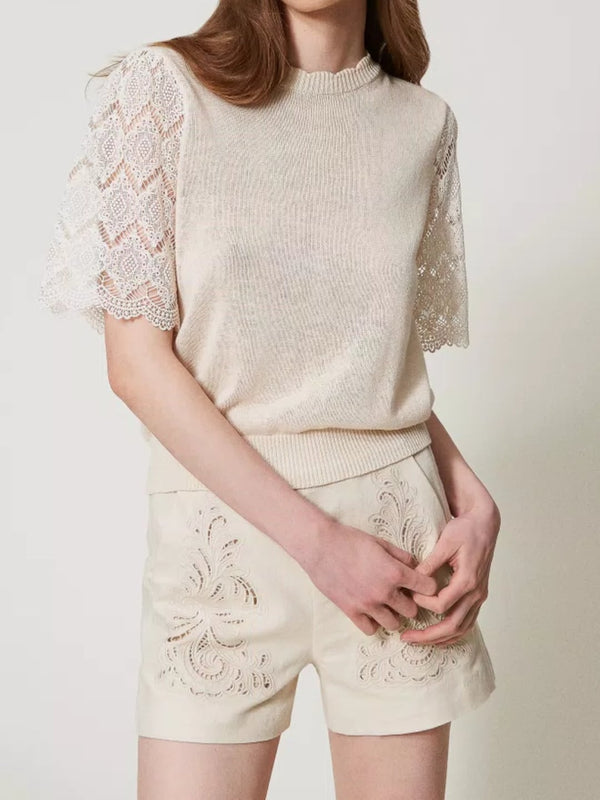 Twinset Maglia in misto lino con maniche jacquard Delicate Beige