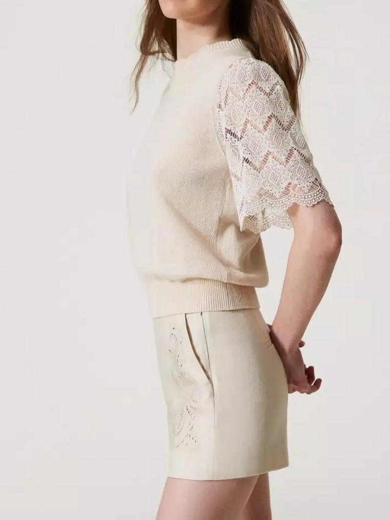 Twinset Maglia in misto lino con maniche jacquard Delicate Beige