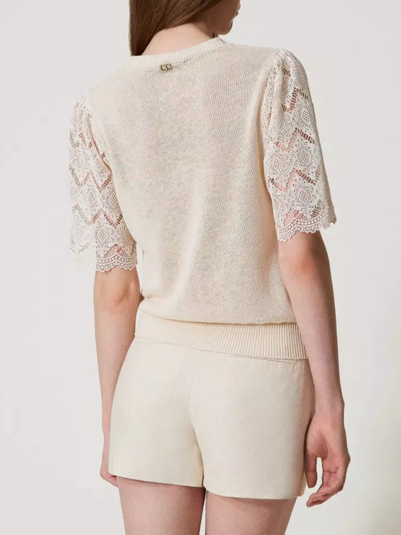 Twinset Maglia in misto lino con maniche jacquard Delicate Beige