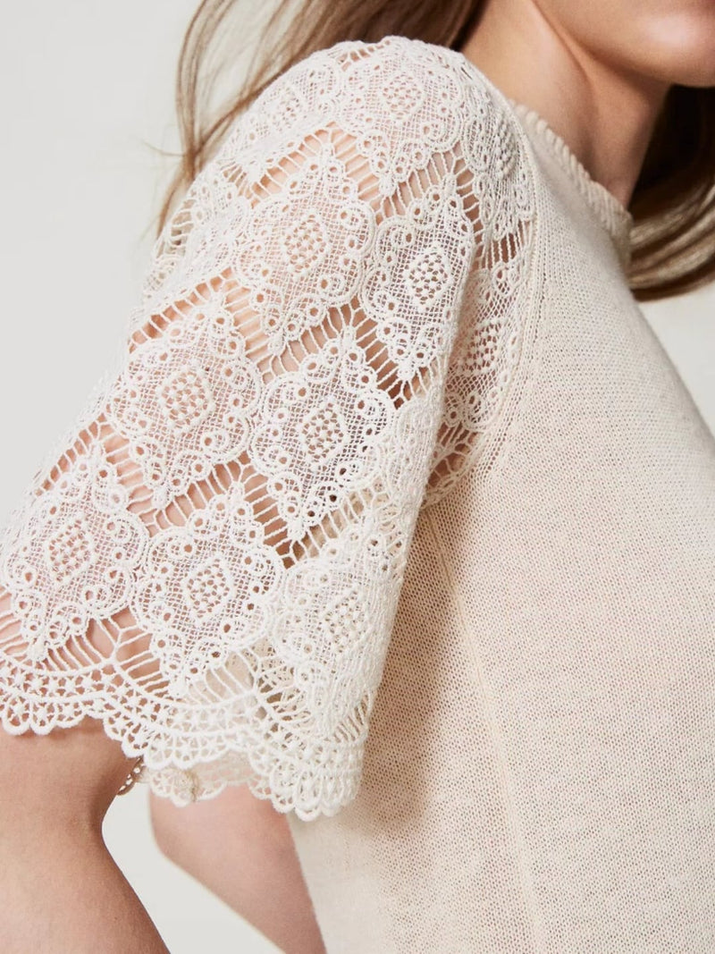 Twinset Maglia in misto lino con maniche jacquard Delicate Beige