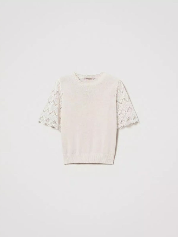 Twinset Maglia in misto lino con maniche jacquard Delicate Beige