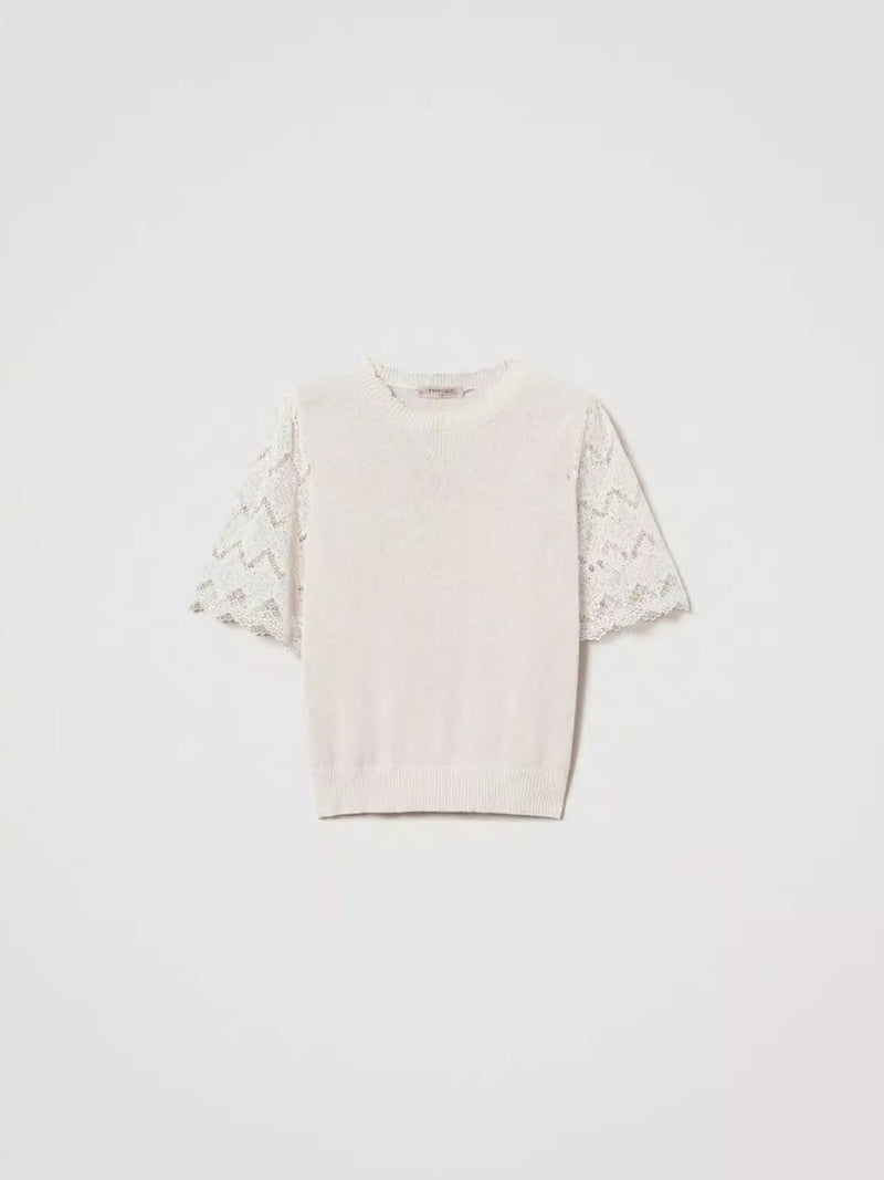 Twinset Maglia in misto lino con maniche jacquard Delicate Beige