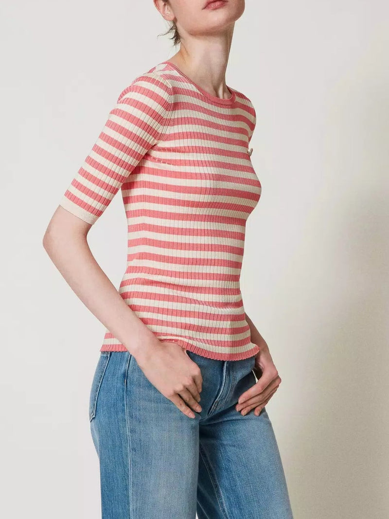 Twinset Maglia a righe con maniche corte Neve - Peach