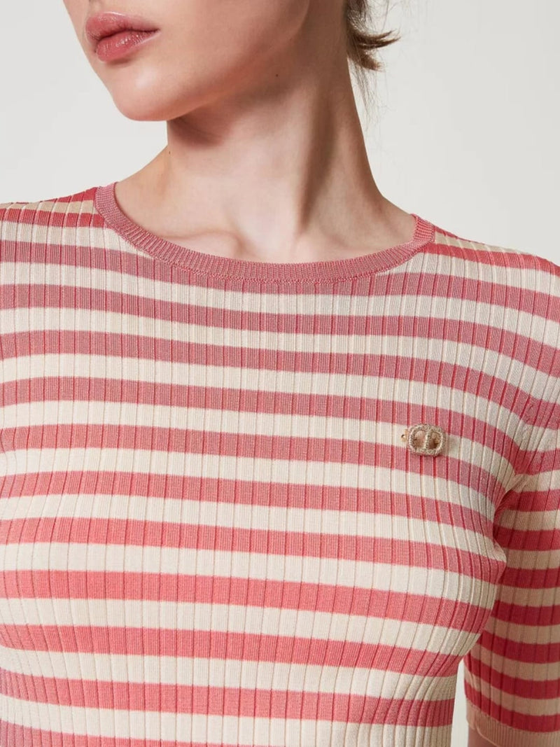 Twinset Maglia a righe con maniche corte Neve - Peach