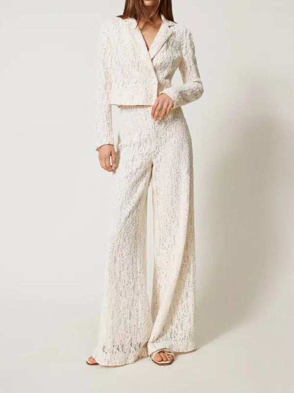 Twinset Pantaloni wide leg in pizzo floreale Bianco Neve