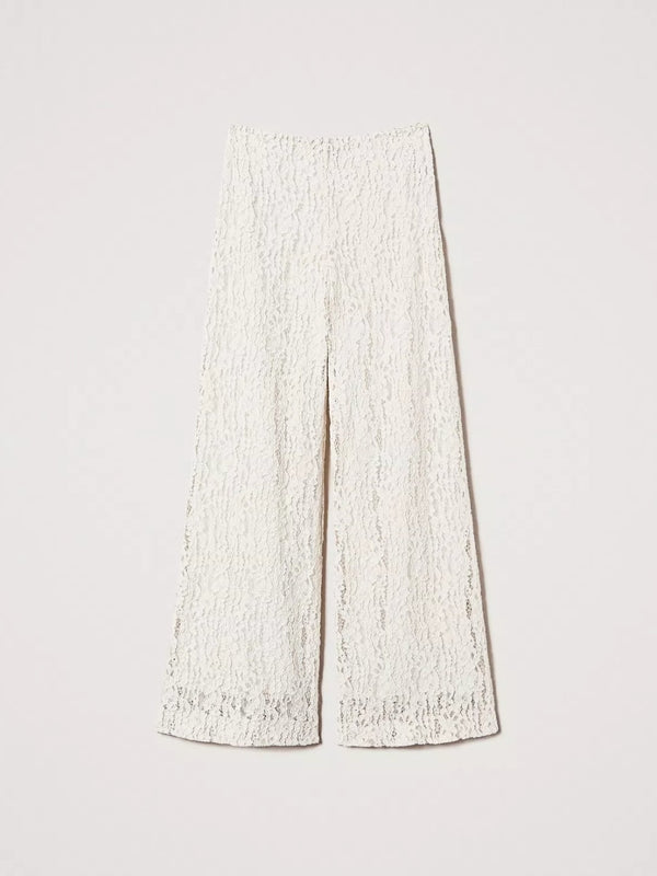 Twinset Pantaloni wide leg in pizzo floreale Bianco Neve