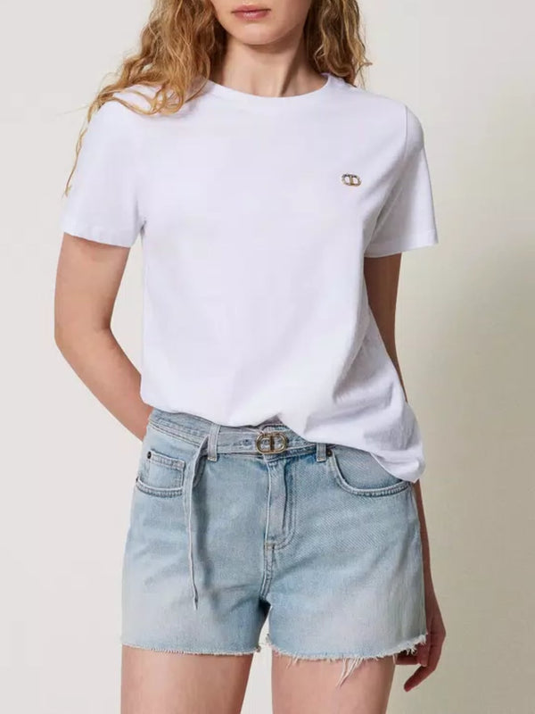 Twinset T-shirt con logo Oval T di strass Bianco