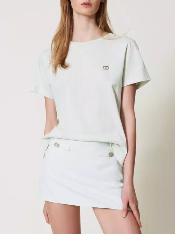 Twinset T-shirt con logo Oval T di strass Water Green