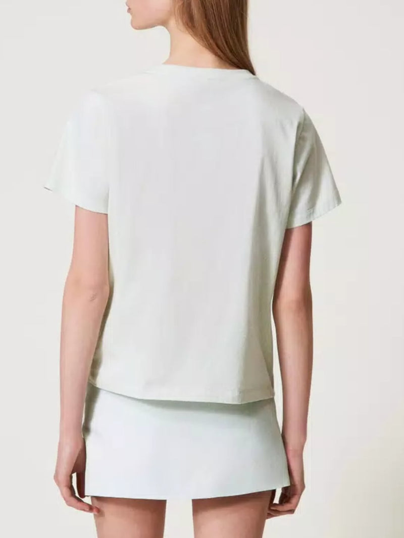 Twinset T-shirt con logo Oval T di strass Water Green