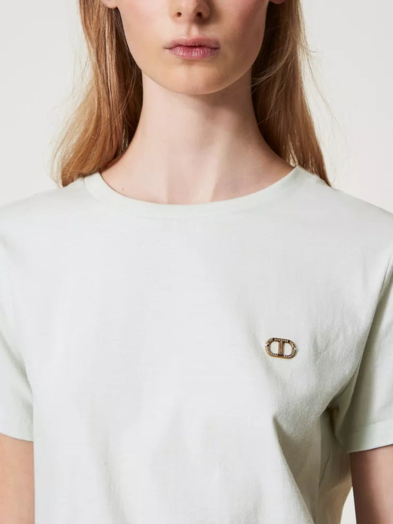 Twinset T-shirt con logo Oval T di strass Water Green