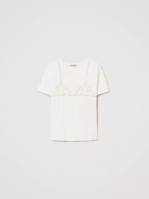 Twinset T-shirt con ricamo traforato Bianco Neve