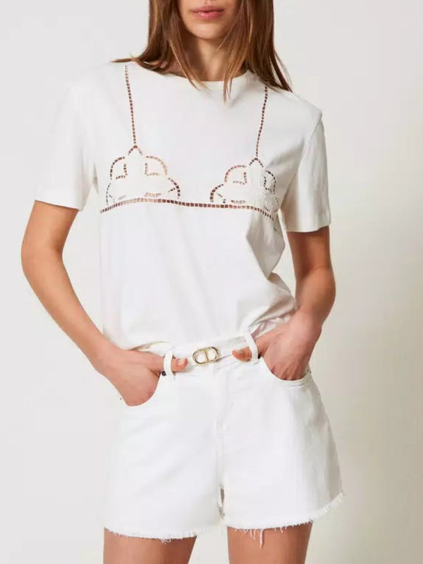 Twinset T-shirt con ricamo traforato Bianco Neve