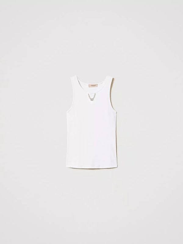 Twinset Top a costine con catena Bianco Ottico