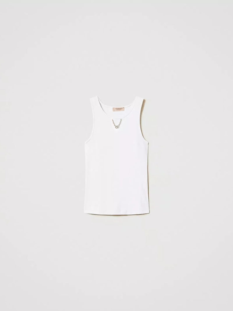 Twinset Top a costine con catena Bianco Ottico