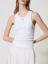 Twinset Top a costine con catena Bianco Ottico