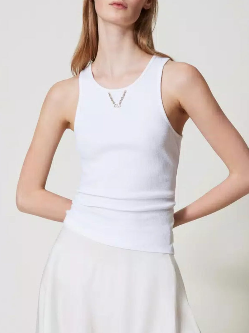 Twinset Top a costine con catena Bianco Ottico